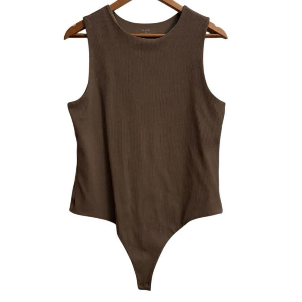 Nuuds Ribbed Stretch Thong Bodysuit Brown Minimalist Elevated Essential XL